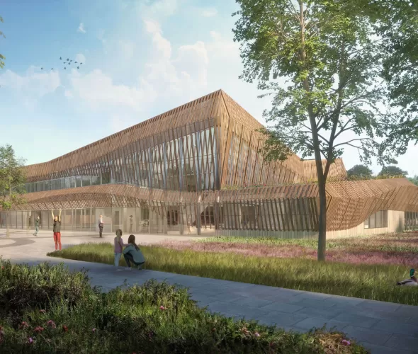 1400 m2 lange complexe houtgevel